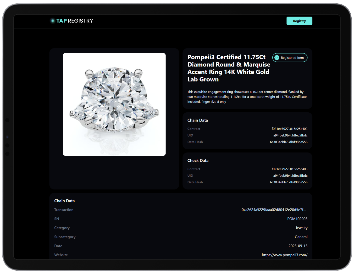 A diamond ring with its TAP Registry record, registered details and supporting transaction history
