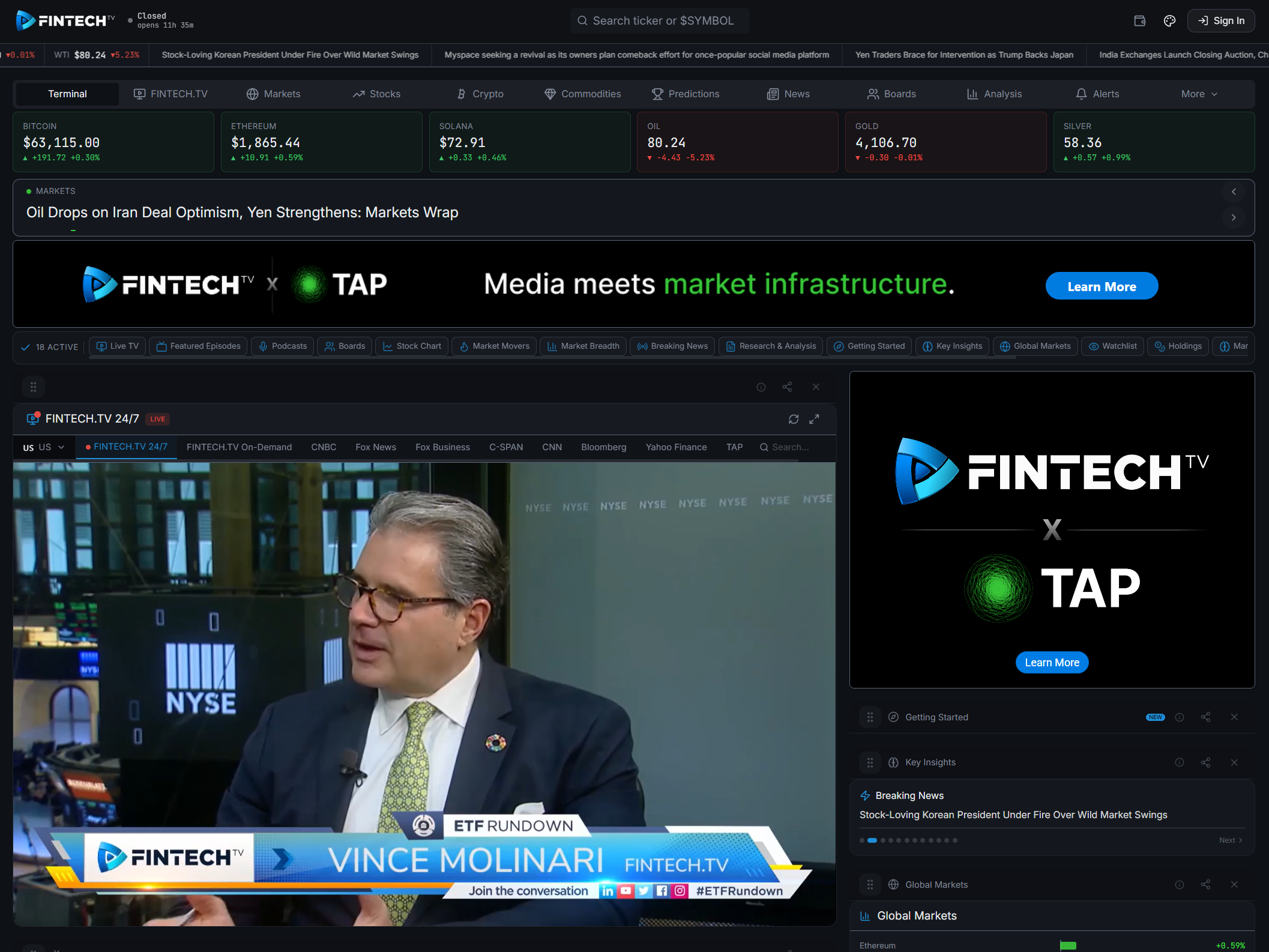 TAP Terminal on FINTECH.TV, with market data, news, charts and financial television